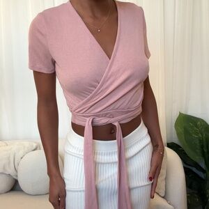 Ribbed pink wrap tie top